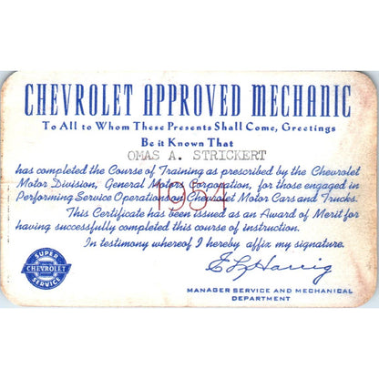 1954 Chevrolet Approved Mechanic Card - Omas A. Strickert SE4