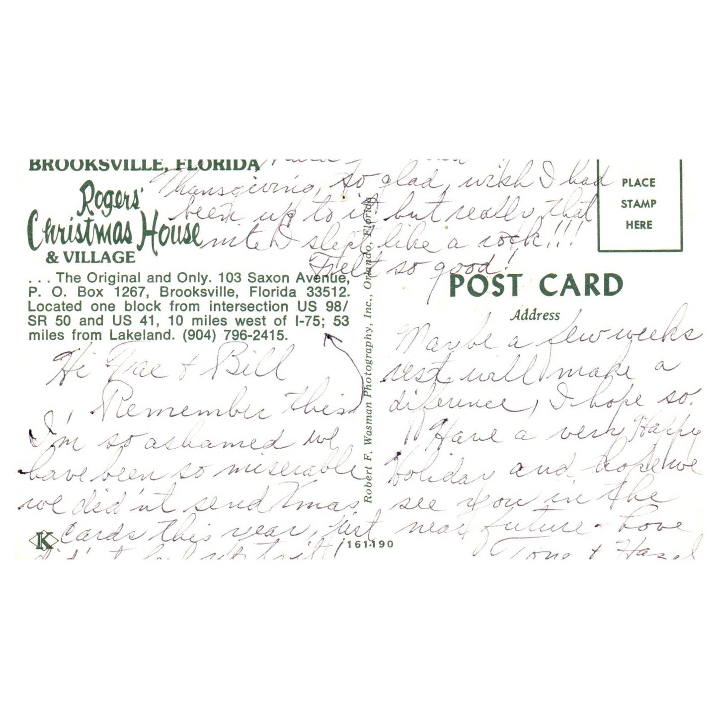 Vintage Postcard - Brooksville Florida Rogers' Christmas House and Village AD9