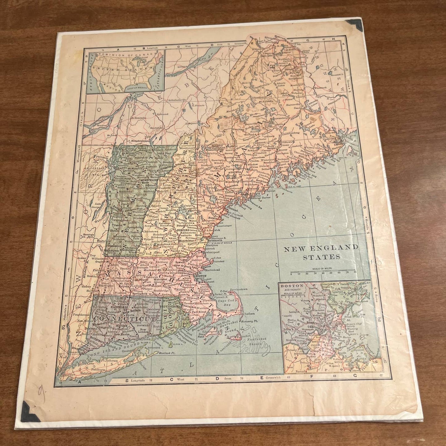 Antique 1907 Map of NEW ENGLAND STATES USA Color 10 x 12” FL5