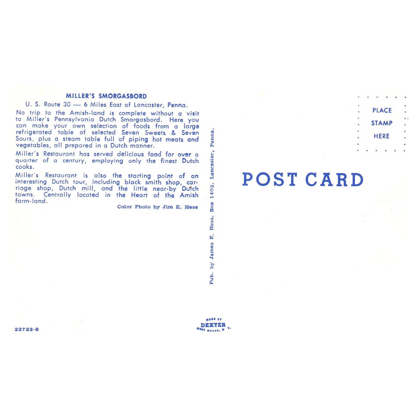 Vintage Postcard - Miller's Smorgasbord Lancaster Pennsylvania TJ6-1
