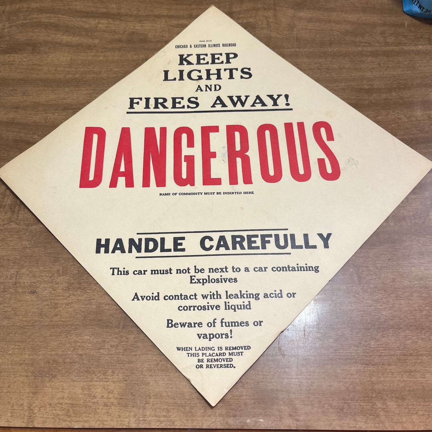 VTG Chicago & Eastern Illinois Railroad Dangerous Form 3516 Paper Sign 10” V37-1