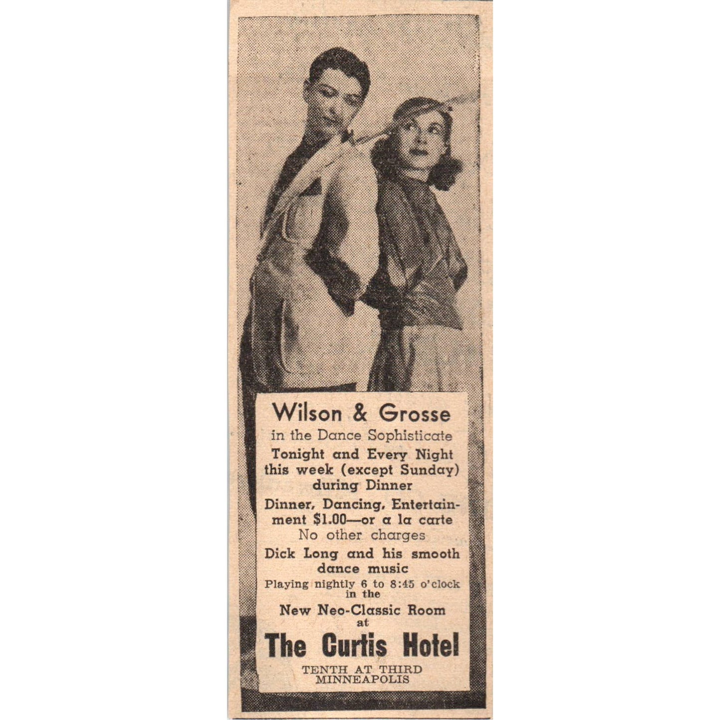 1935 Mpls Journal Newspaper Ad The Curtis Hotel Wilson & Grosse Dance FL5-4