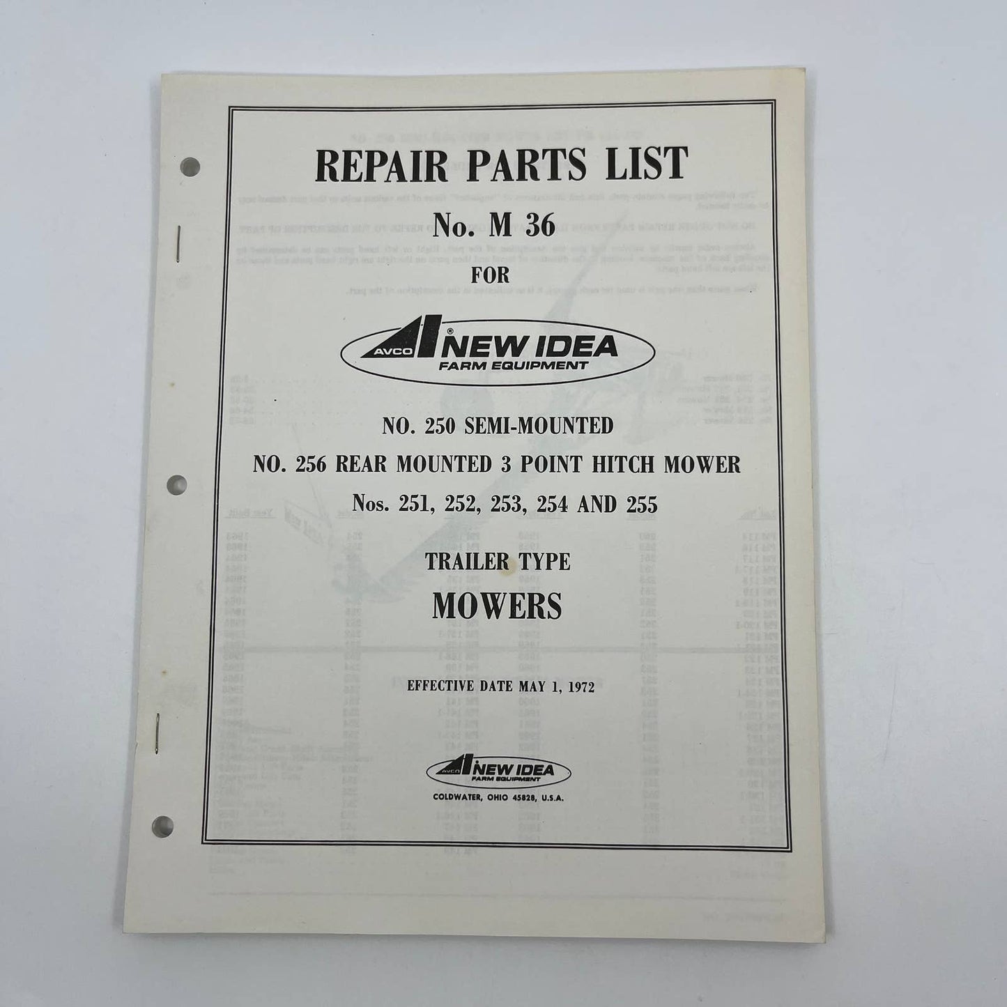 1972 New Idea Repair Parts List M 36 Semi Rear Mounted 3 Point Hitch Mower TB9