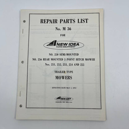 1972 New Idea Repair Parts List M 36 Semi Rear Mounted 3 Point Hitch Mower TB9