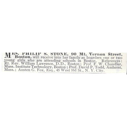 Mrs. Phillip S. Stone Boarding House Vernon St. Boston MA - 1903 Ad TJ8-7-1