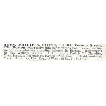 Mrs. Phillip S. Stone Boarding House Vernon St. Boston MA - 1903 Ad AK5-S35