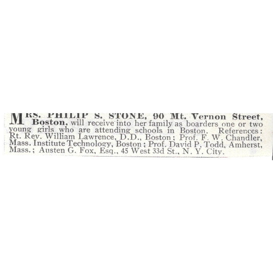 Mrs. Phillip S. Stone Boarding House Vernon St. Boston MA - 1903 Ad AK5-S35