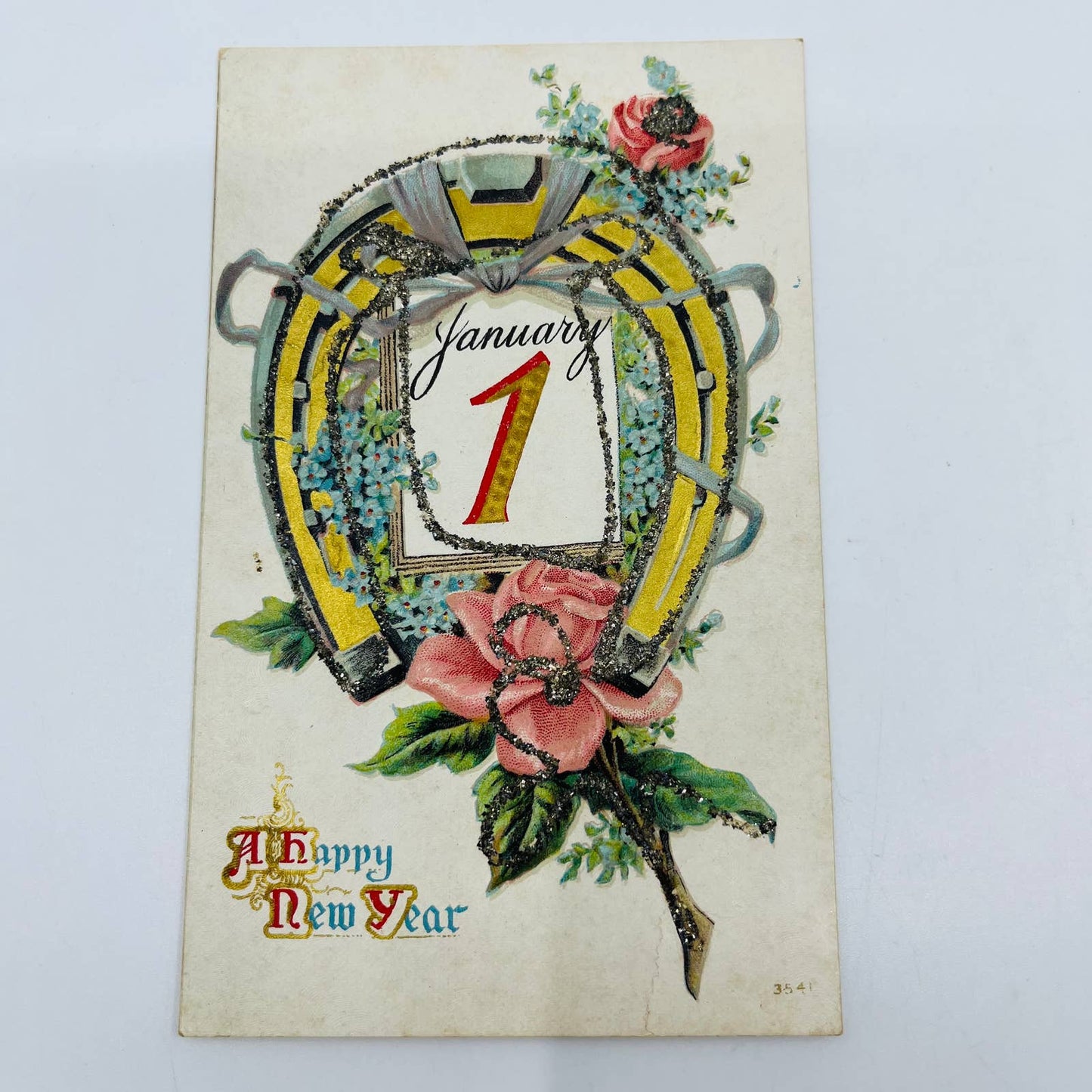 1910s Christmas New Year’s Post Card Embossed Horseshoe Mica Dresden Gilt PA3