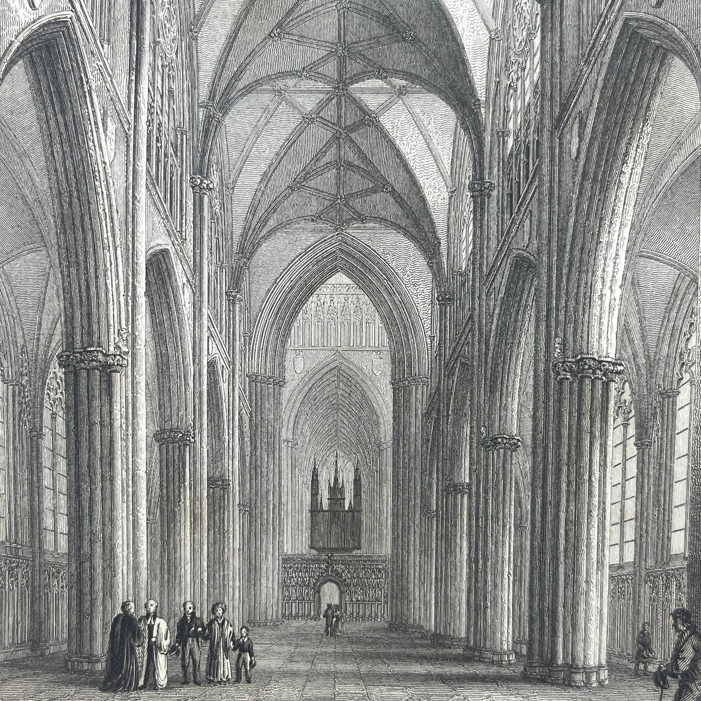 1836 Original Art Engraving York Cathedral View of the Nave AC6