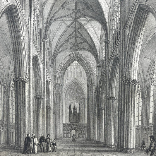 1836 Original Art Engraving York Cathedral View of the Nave AC6