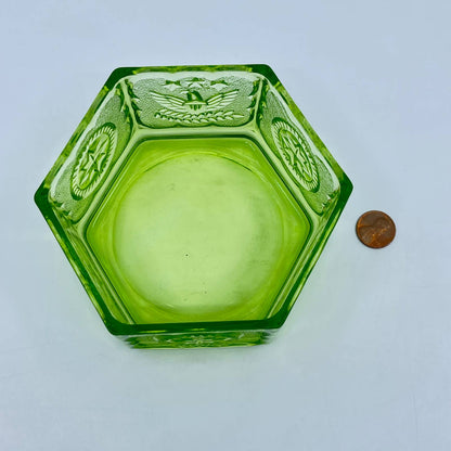 Vintage Green Hexagon Colony Indiana Glass Candy Dish With Eagles & Stars 5” TF5