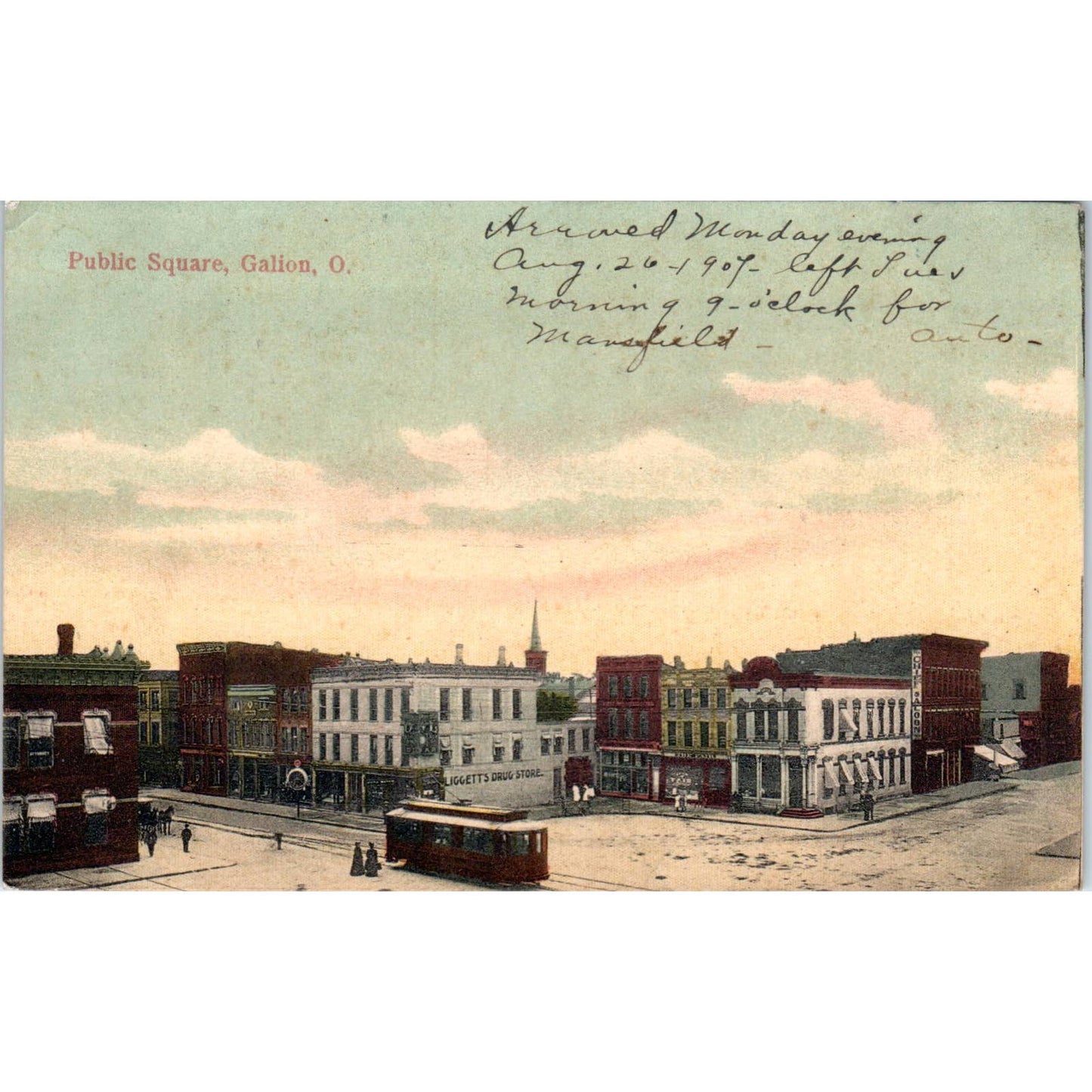 Antique Postcard Public Square Galion Ohio Liggett's Drug Store TD9