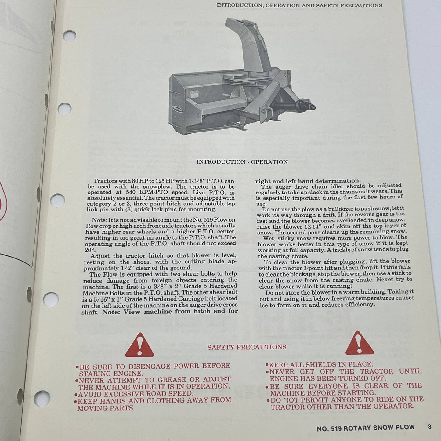 Original 1979 New Idea No 519 Three Point Hitch 101" Rotary Snow Plow Manual TB9