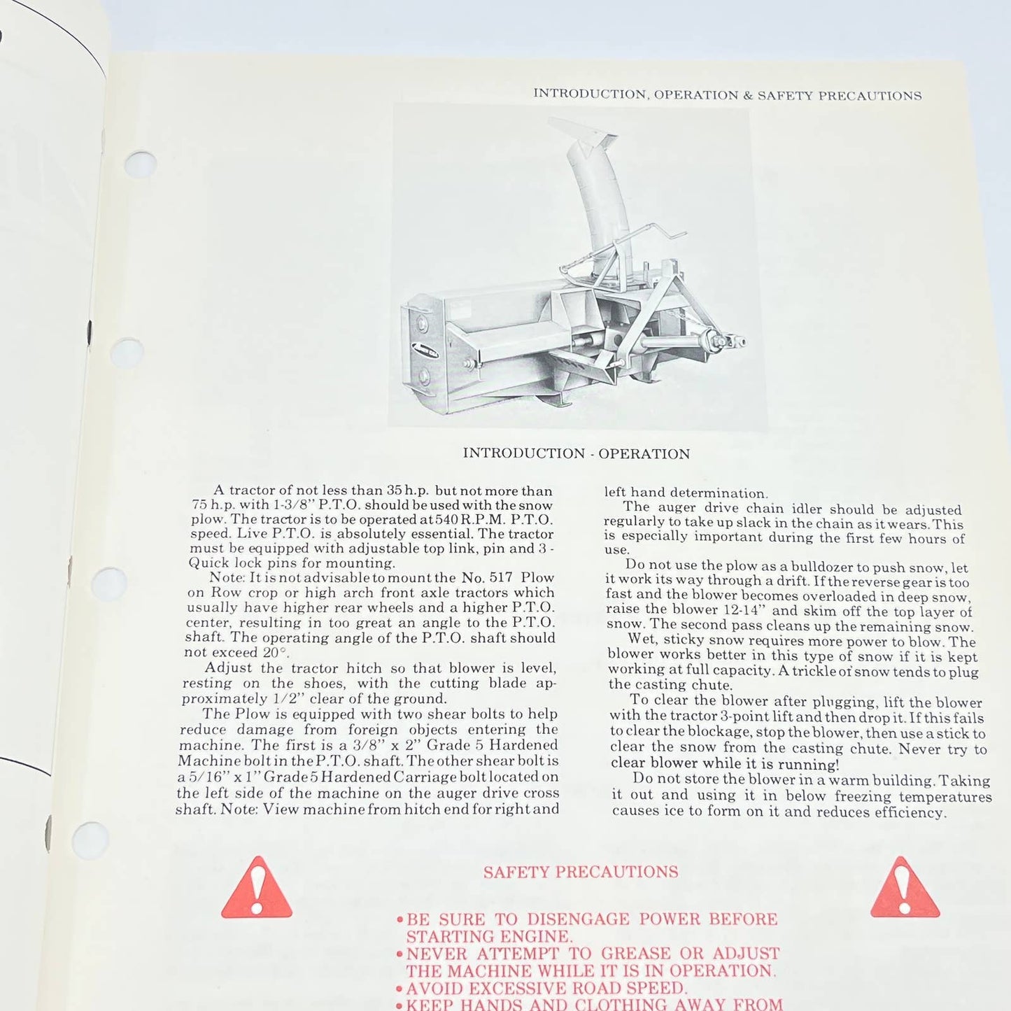 Original 1976 New Idea No. 517 Three Point Hitch 86" Rotary Snow Plow Manual TB9