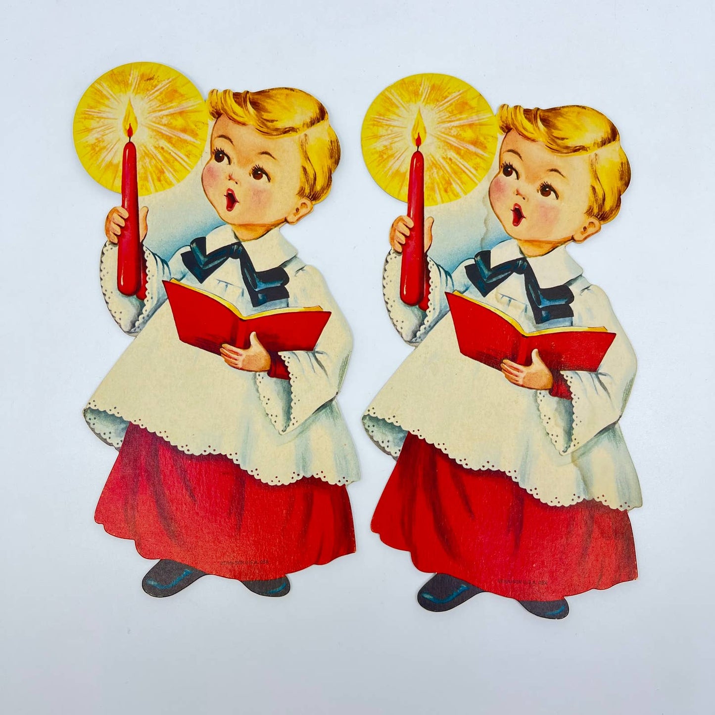 1940s Christmas Dennison Die Cut - Choir Boy Holding Candle 8 1/2" Set of 2 FL3