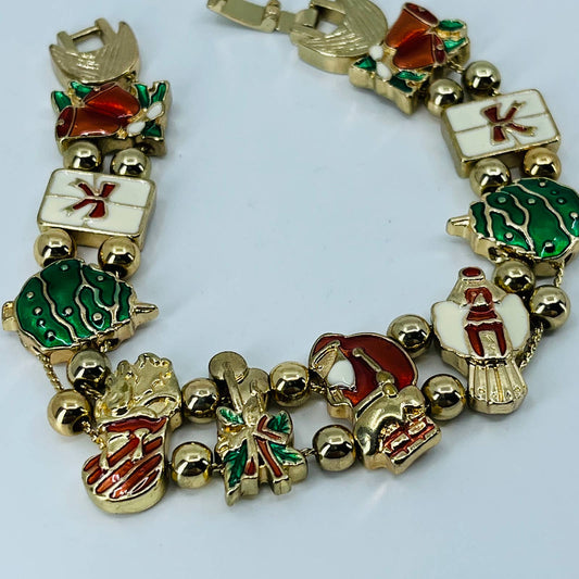Vintage Gold Tone Enamel Christmas Charm Bracelet 7” SB2