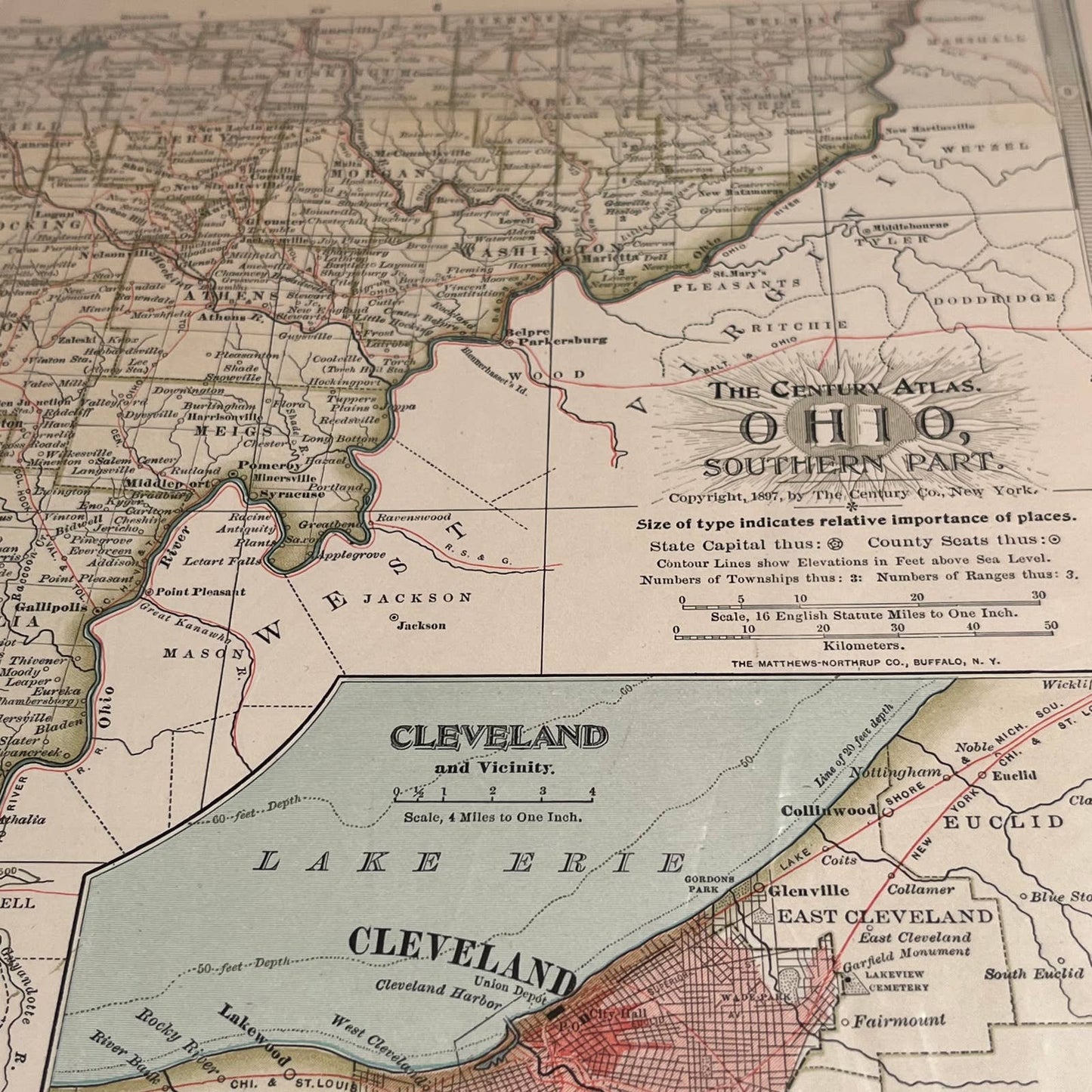 Antique 1897 The Century Atlas Map of OHIO SET OF 2 Color Engraved 12.5 x 17 FL5