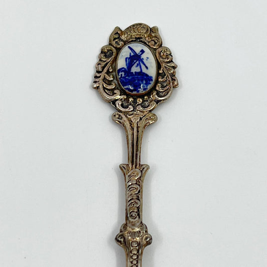 Vintage Holland Delft Blue Windmill Silver Souvenir Spoon 4” SC4