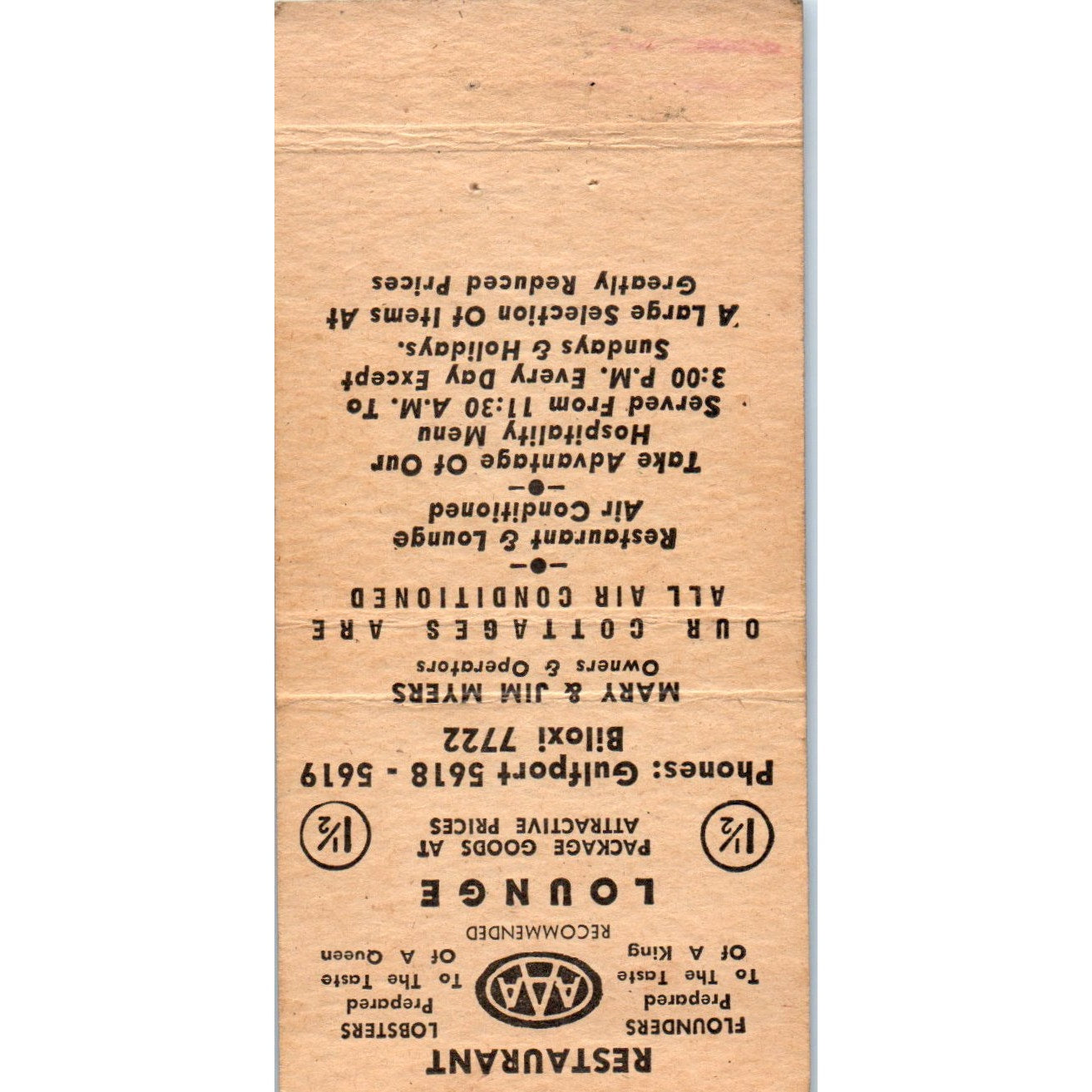 Friendship House Mississippi City Mary & Jim Myers Advertising Matchbook MM9-6