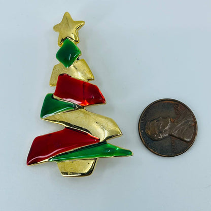 Danecraft Signed Candy Enamel Christmas Tree Pin Brooch Gold Tone SB2