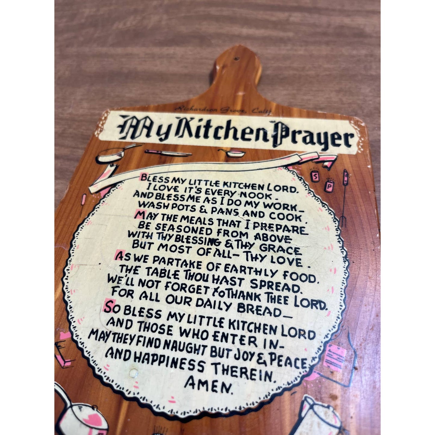 Vintage My Kitchen Prayer Cedar Wall Plaque Richardson Grove California 6 x 10”
