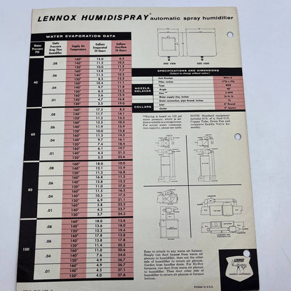 1950s Lennox Humidispray Automatic Spray Humidifier Advertising Leafet AC8