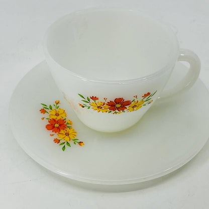 1950s MCM Fire King Cup & Saucer Set Milk Glass Cosmos Orange Yellow Daisy TC9