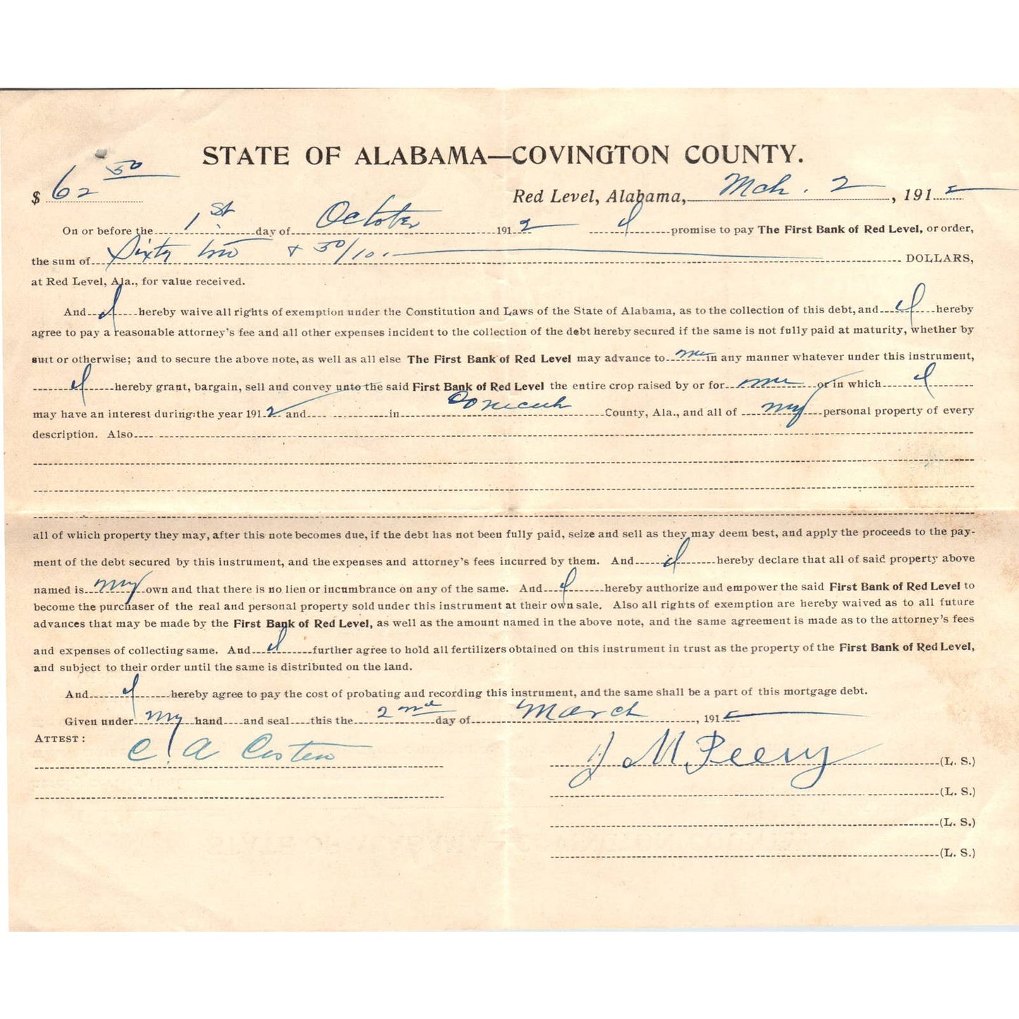 1912 First Bank or Red Level Loan Agreement J.M. Peavy Red Level AL AD6