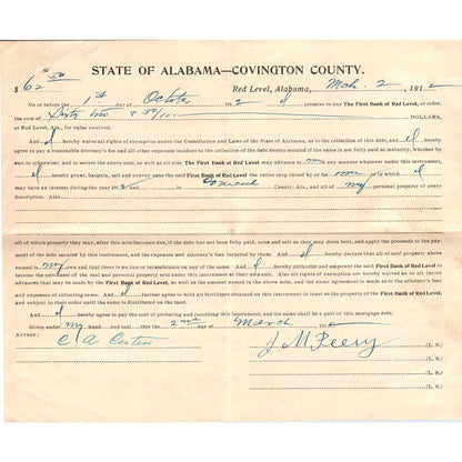 1912 First Bank or Red Level Loan Agreement J.M. Peavy Red Level AL AD6