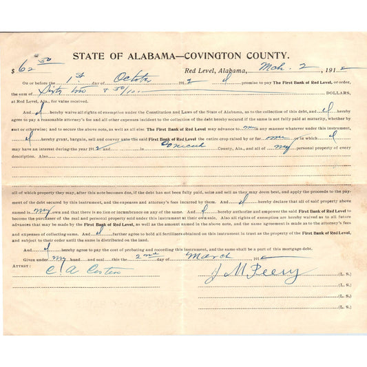 1912 First Bank or Red Level Loan Agreement J.M. Peavy Red Level AL AD6