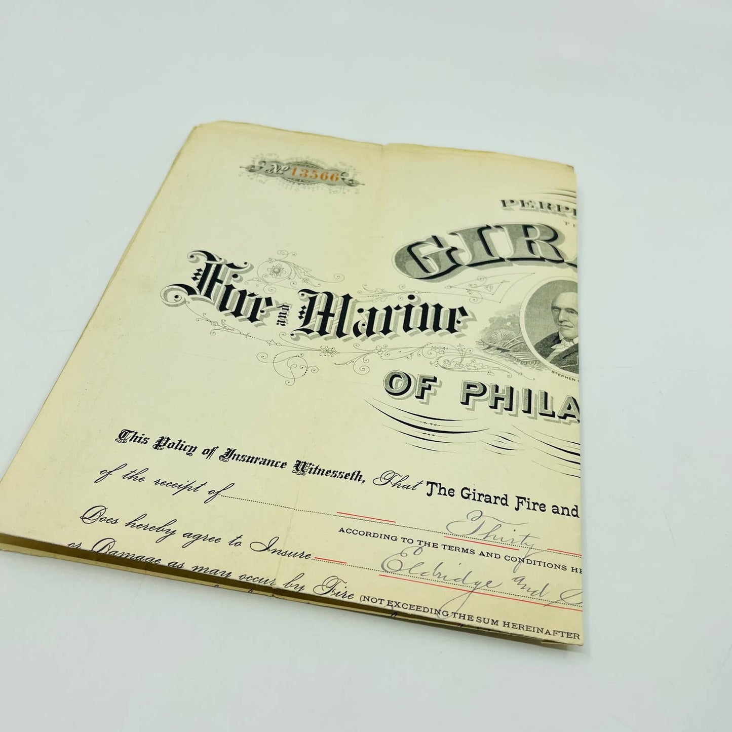 1890 Engraved Policy Girard Fire & Marine  Insurance Company Philadelphia PA AA5