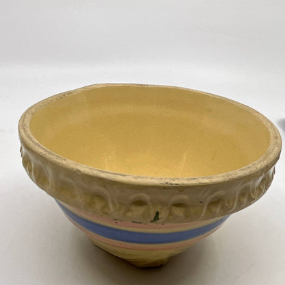 Vintage McCoy Yellow Ware Blue Pink Striped Mixing Bowl 5” Pie Crust Rim TH5