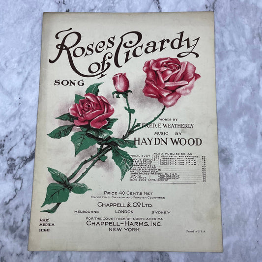 Roses of Picardy by Fred Weatherly Hayden Wood Vintage Sheet Music 1916 TH5