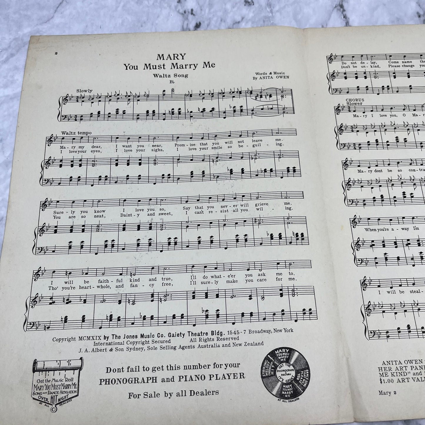 MARY You must marry me - Vintage Sheet Music - by ANITA OWEN 1919 V39-3