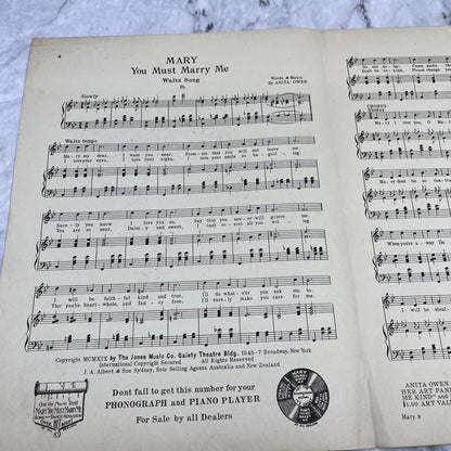 MARY You must marry me - Vintage Sheet Music - by ANITA OWEN 1919 V39-3
