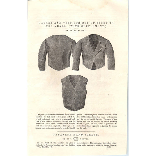 Boys Jacket and Vest - Victorian Fashion Plate - 1878 Original Plate TJ7-L2