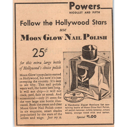 1935 Minneapolis Journal Newspaper Ad Powers Moon Glow Nail Polish FL5-5