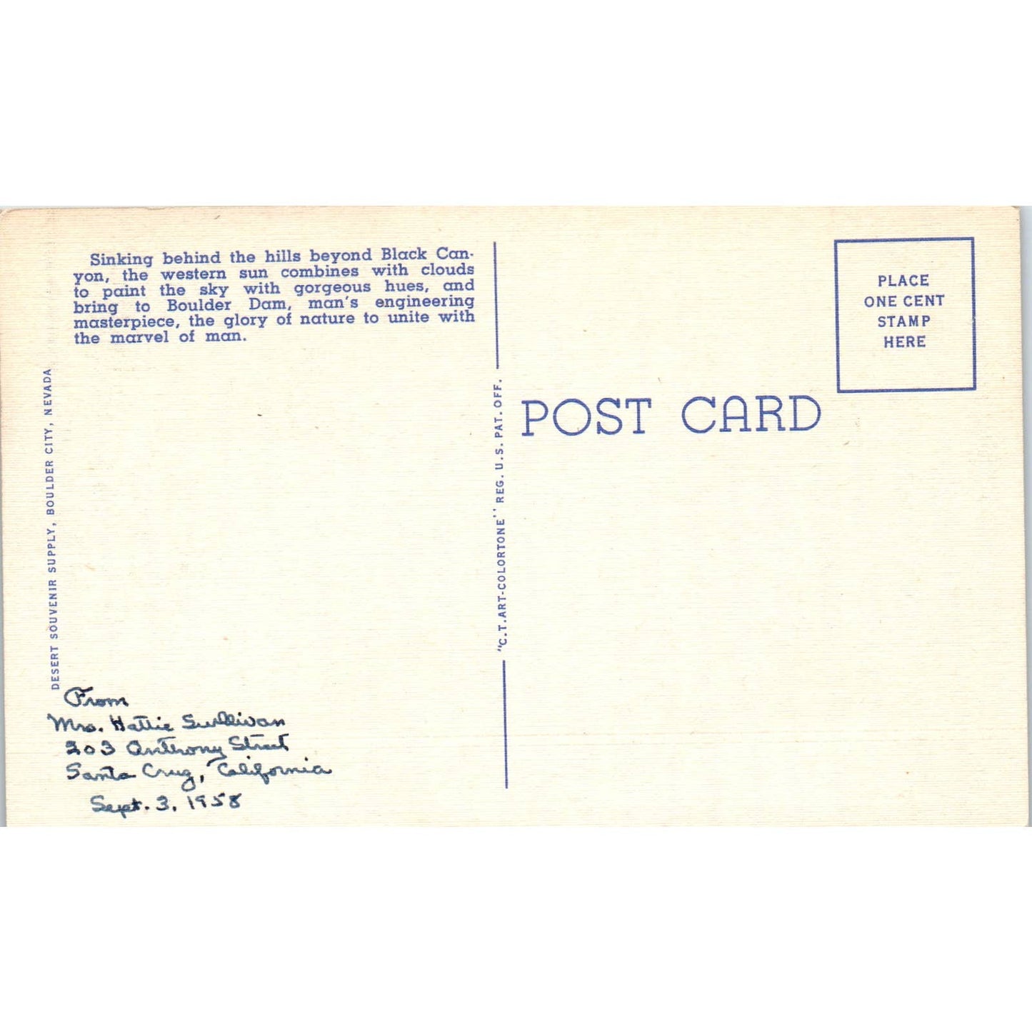 Sunset at Boulder Dam Colorado Original Postcard TK1-P1