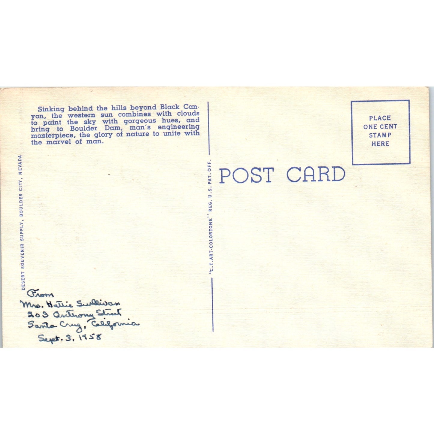 Sunset at Boulder Dam Colorado Original Postcard P3-3