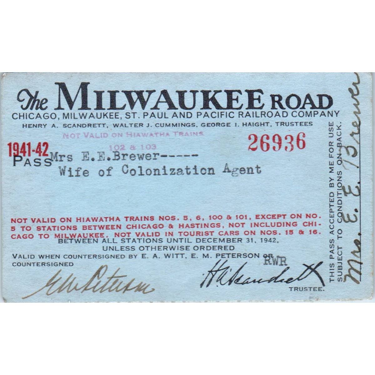 1941-42 Chicago Milwaukee & St Paul Railroad Employee Pass E.E. Brewer SE8