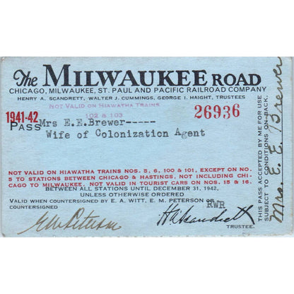 1941-42 Chicago Milwaukee & St Paul Railroad Employee Pass E.E. Brewer SE8