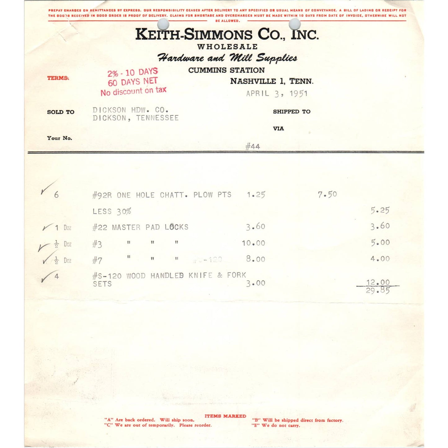 1951 Keith-Simmons Co Inc Billhead Receipt Hardware & Mill Supplies Nashville TN AD5-2