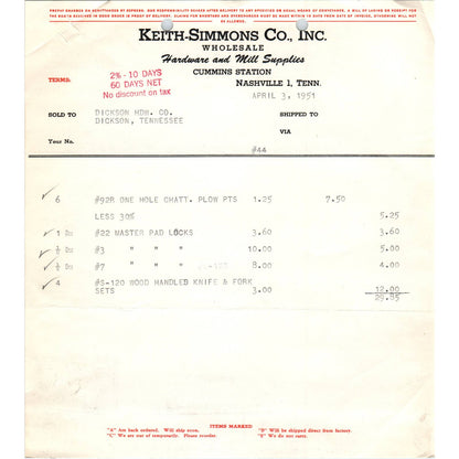 1951 Keith-Simmons Co Inc Billhead Receipt Hardware & Mill Supplies Nashville TN AD5-2