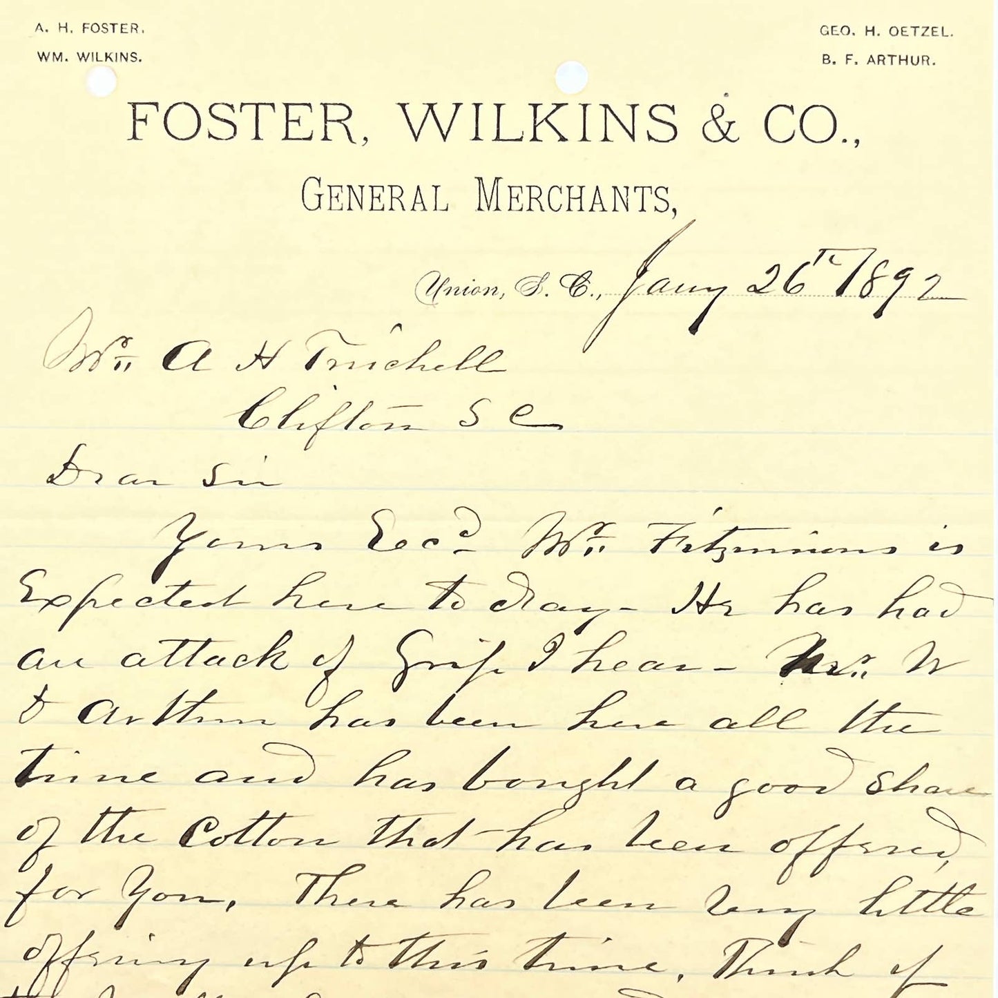 1892 Foster, Wilkins & Co. General Merchants Letterhead Union SC AB9