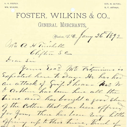 1892 Foster, Wilkins & Co. General Merchants Letterhead Union SC AB9