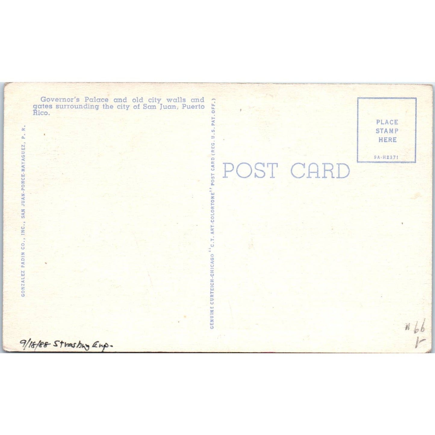 Governor's Palace and Walls, San Juan, Puerto Rico Original Postcard TK1-P1