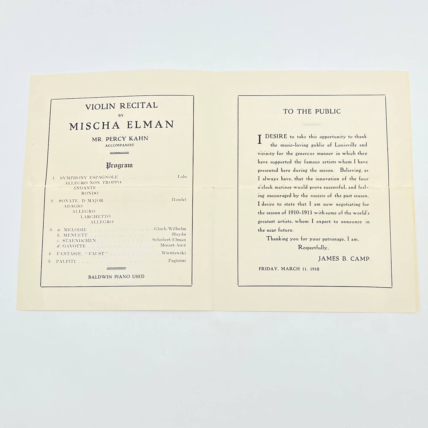 1910 Masonic Theatre Louisville Mischa Elman Violinist Concert Program AB9