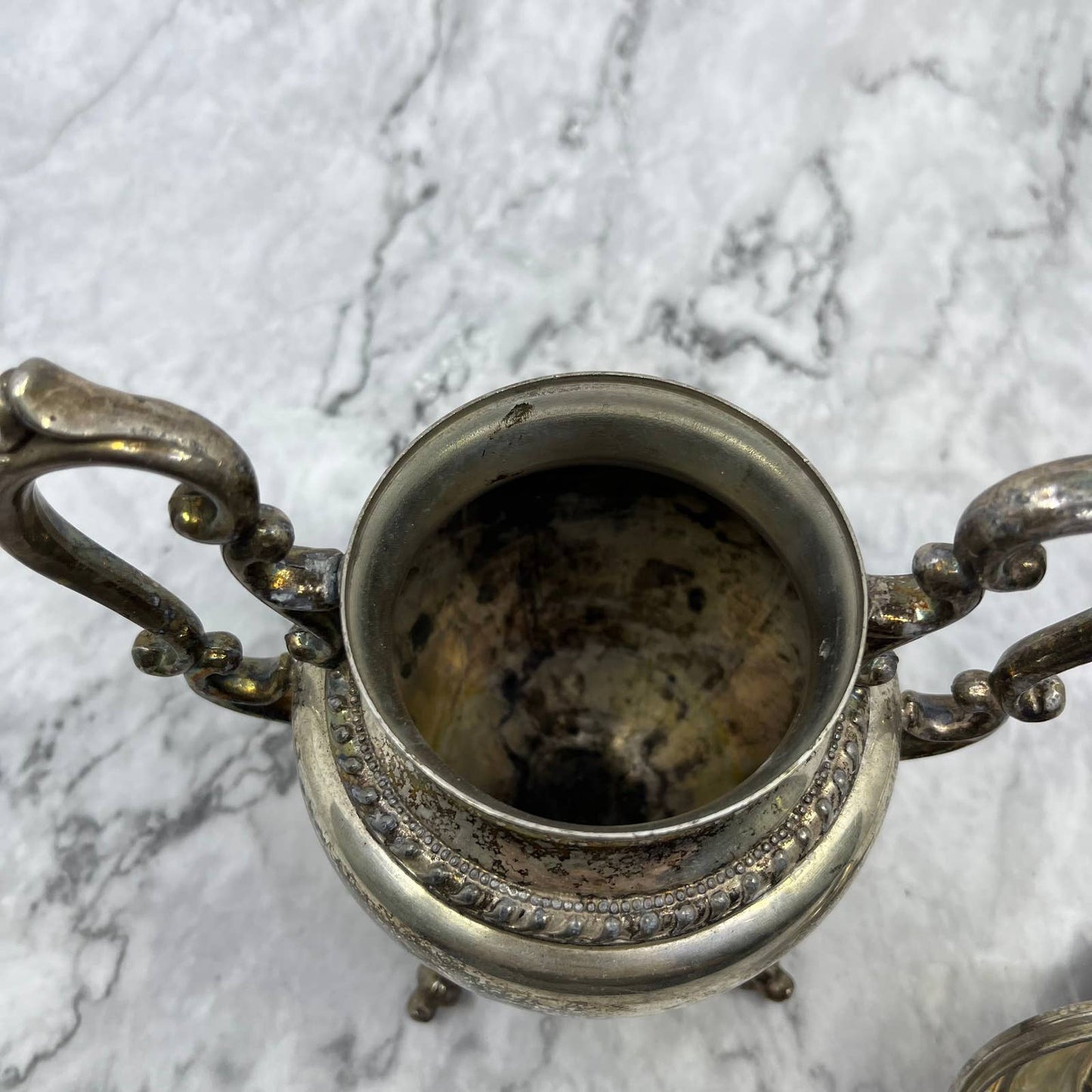 Antique Large Silver Plate Footed Lidded Urn Sugar Bowl 7” TJ4