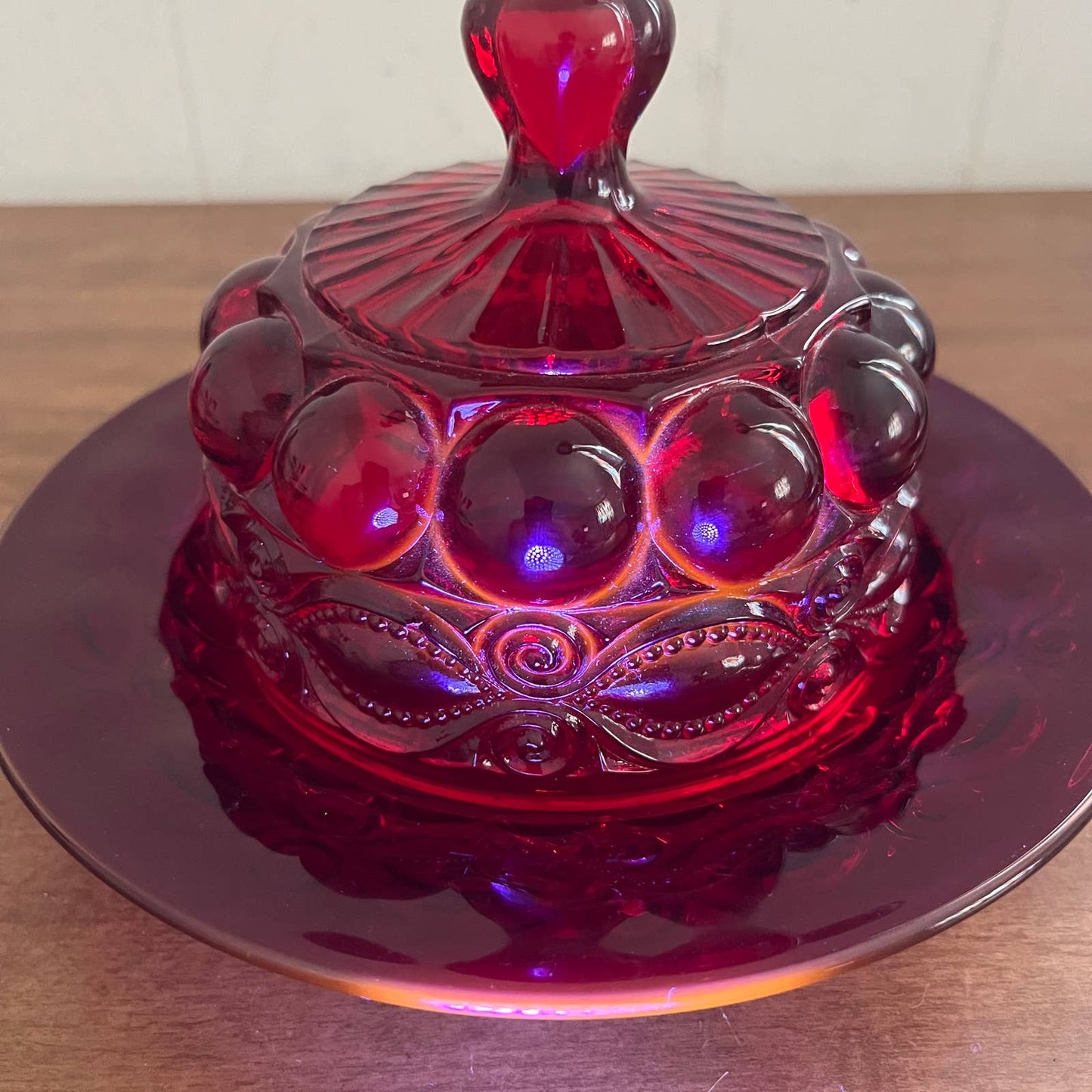 Vintage MOSSER Eyewinker Ruby Red Glass BUTTER BELL Covered Dish MINT 8” TB2
