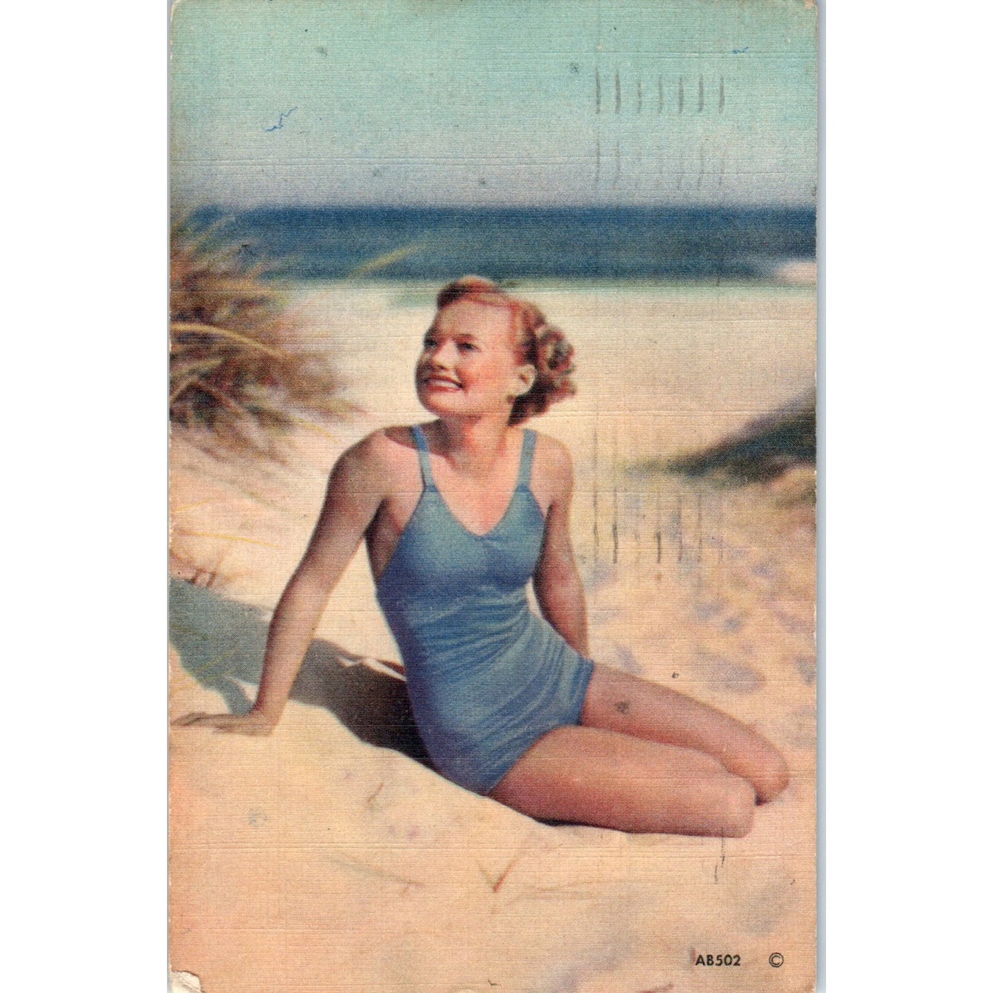 1949 Girl in Blue Bathing Suit on the Beach Original Postcard P2-2